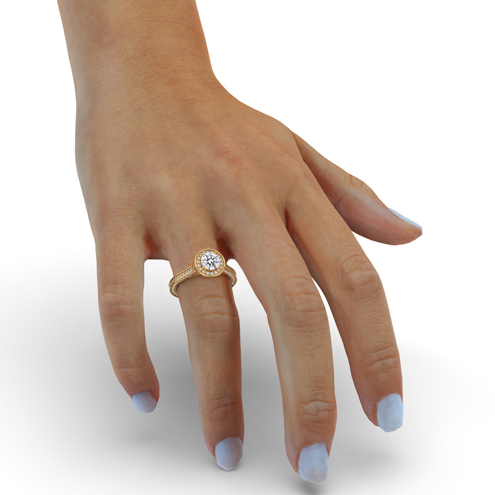 Round diamond ring with pave halo engagement ring design, featuring a cathedral setting ring and carat diamonds engagement ring style.
