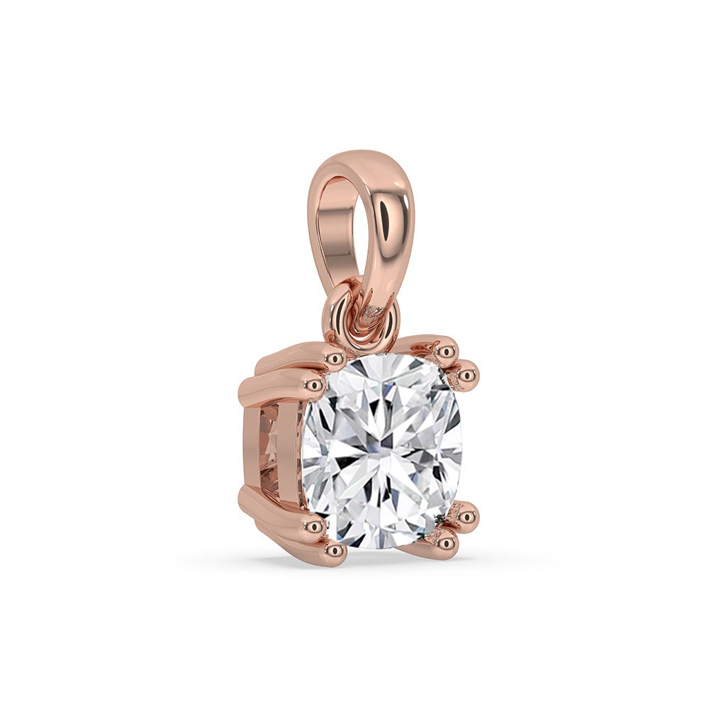 Cushion cut pendant featuring double prong setting and lab grown diamonds.
