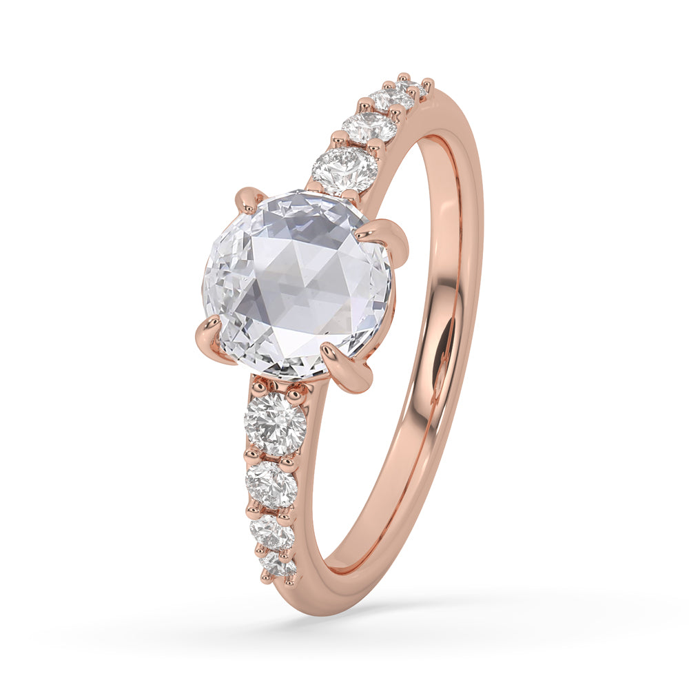 Round rose cut diamond ring with round cut side stones and handmade details
