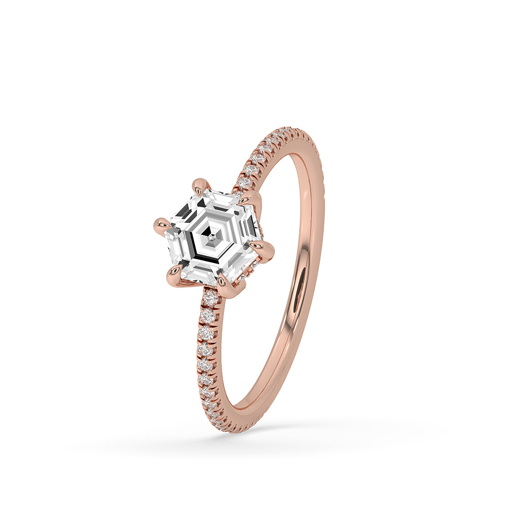 Hexagon step cut diamond ring featuring a 6 claw prong setting for secure wear.
