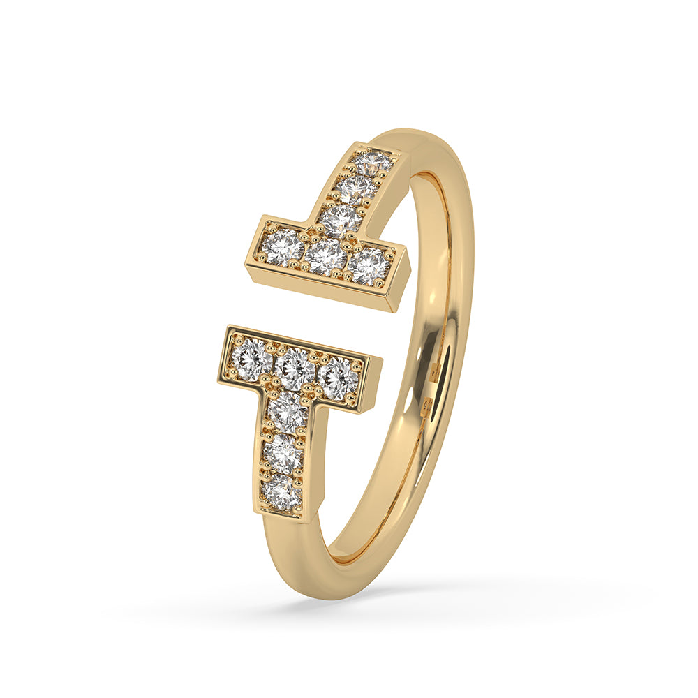 Open gap wedding band featuring a modern split style.
