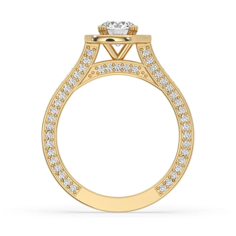 Round cut diamond ring with three row pave diamond band, perfect as a carat diamonds ring in handmade jewelry.
