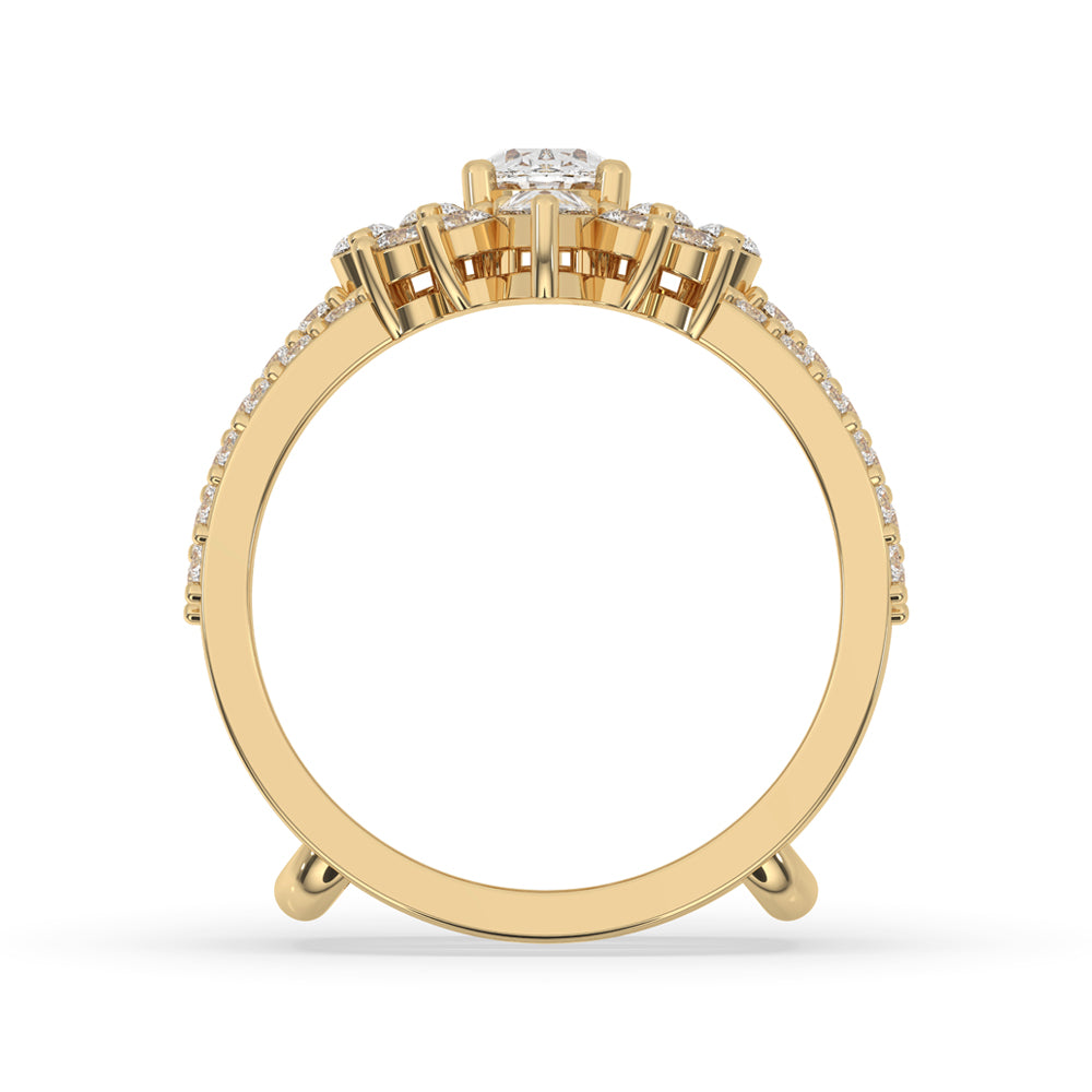Oval engagement ring with a chevron wedding ring in gold, perfect for a modern bride.
