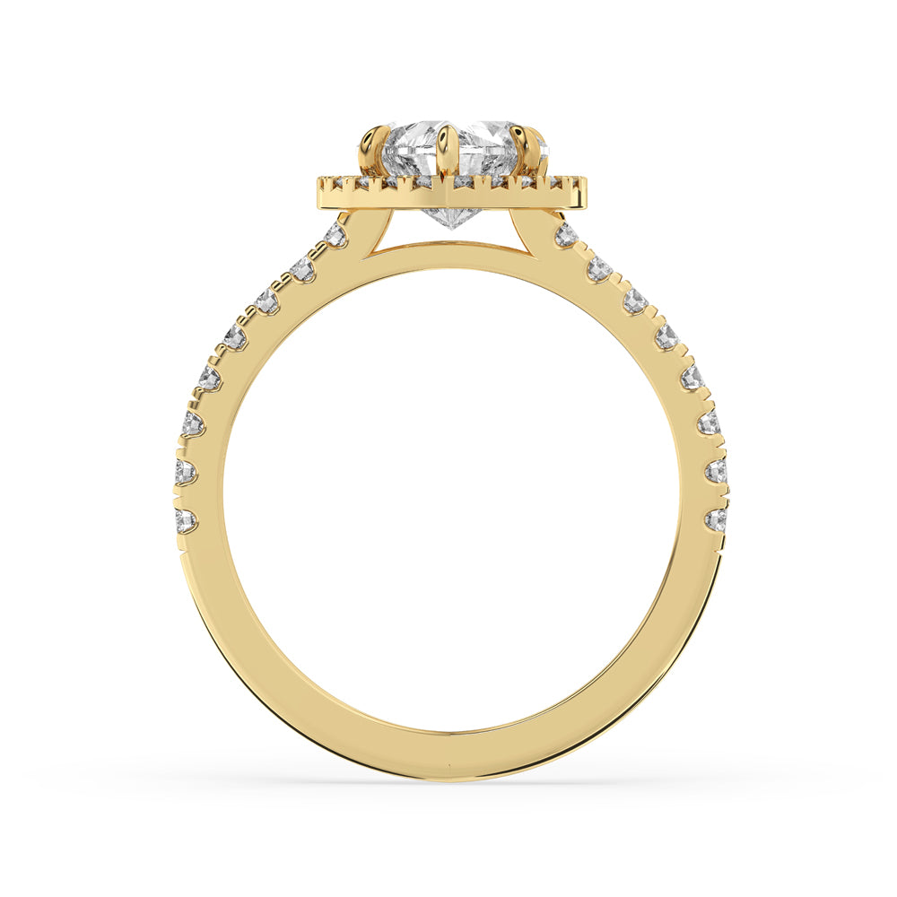 Halo diamond engagement ring with claw prong setting.
