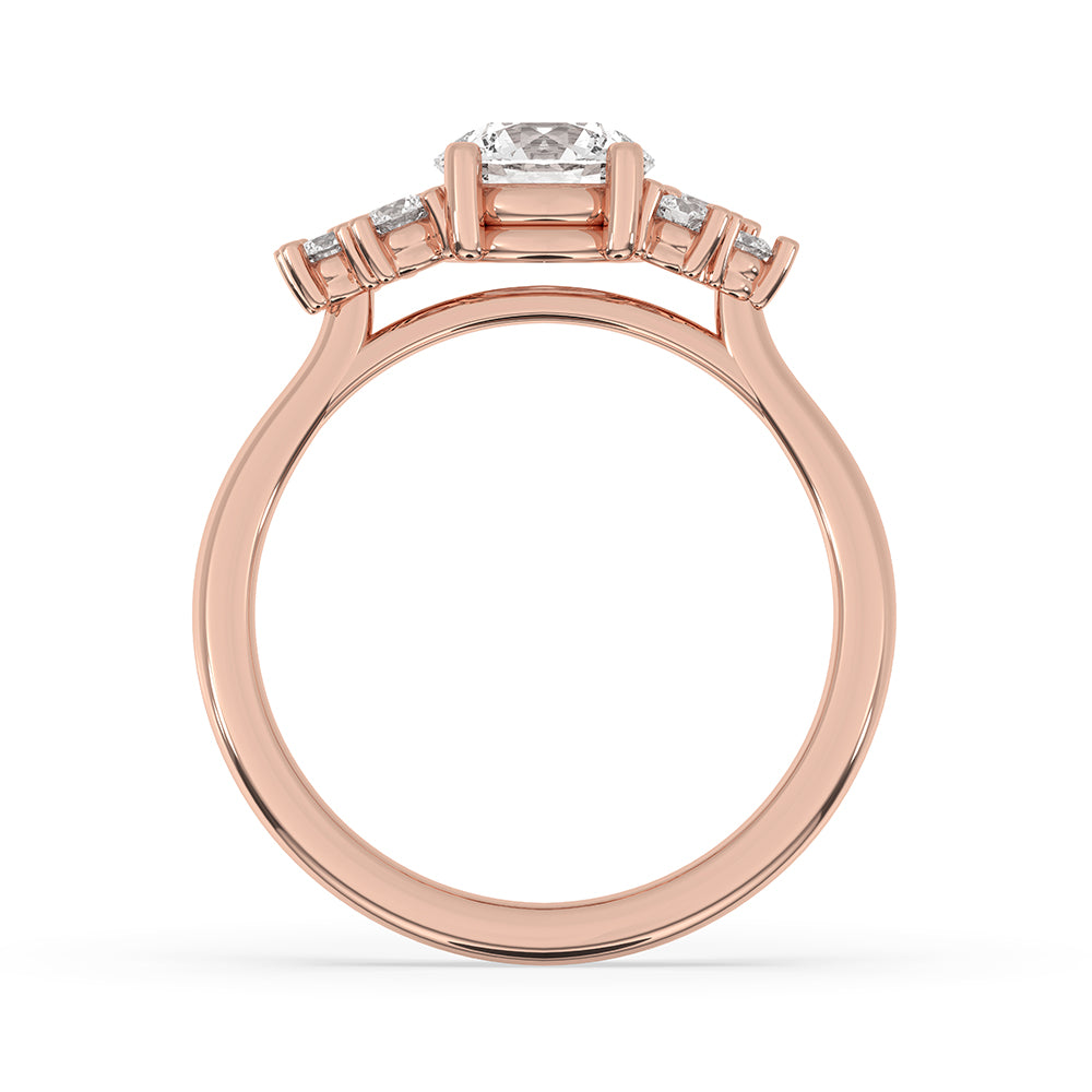 Prong setting ring featuring a stunning round cut diamond in rose gold.
