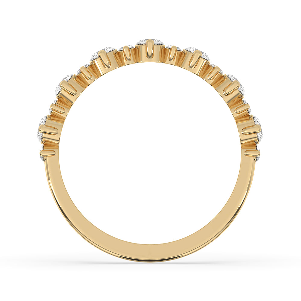 Round cut diamond band crafted in warm yellow gold finish.
