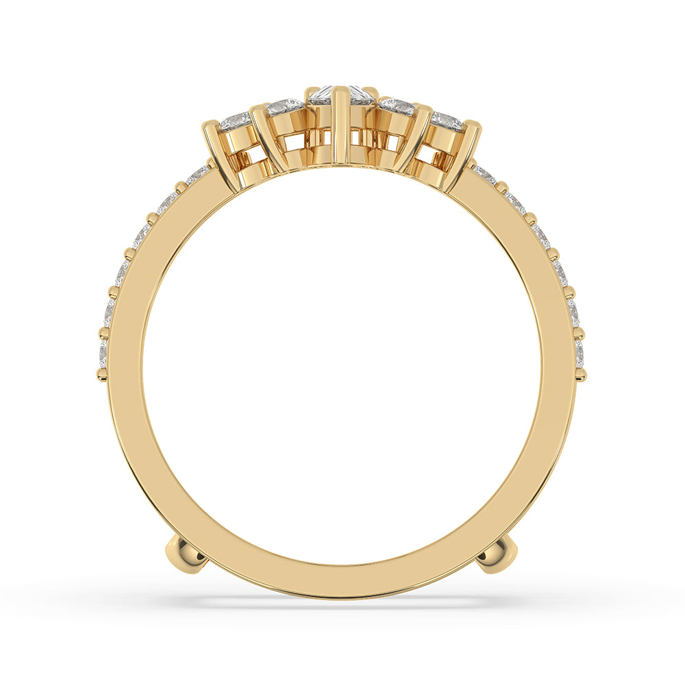 Prong set band crafted in yellow gold for durability.
