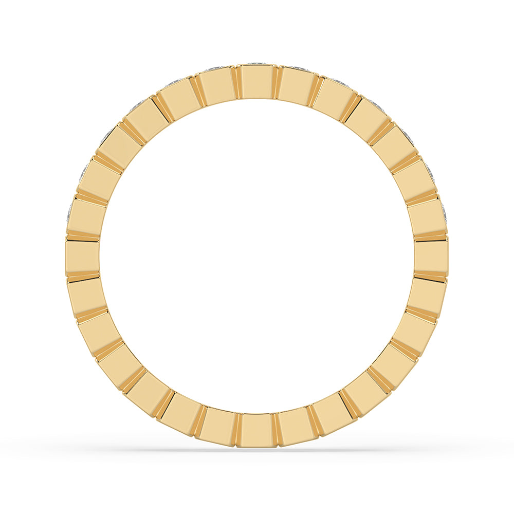 Eternity wedding band featuring square bezel box band and custom wedding band layout.
