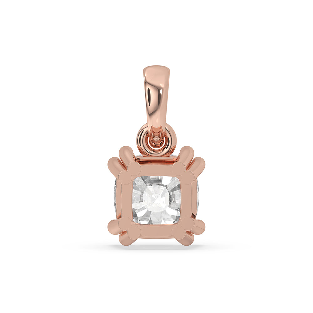 Solitaire Diamond Pendant with cushion cut diamond in rose gold.
