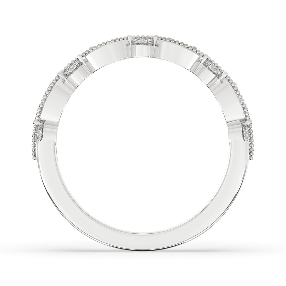 Milgrain setting band adds vintage detail to white gold wedding bands.
