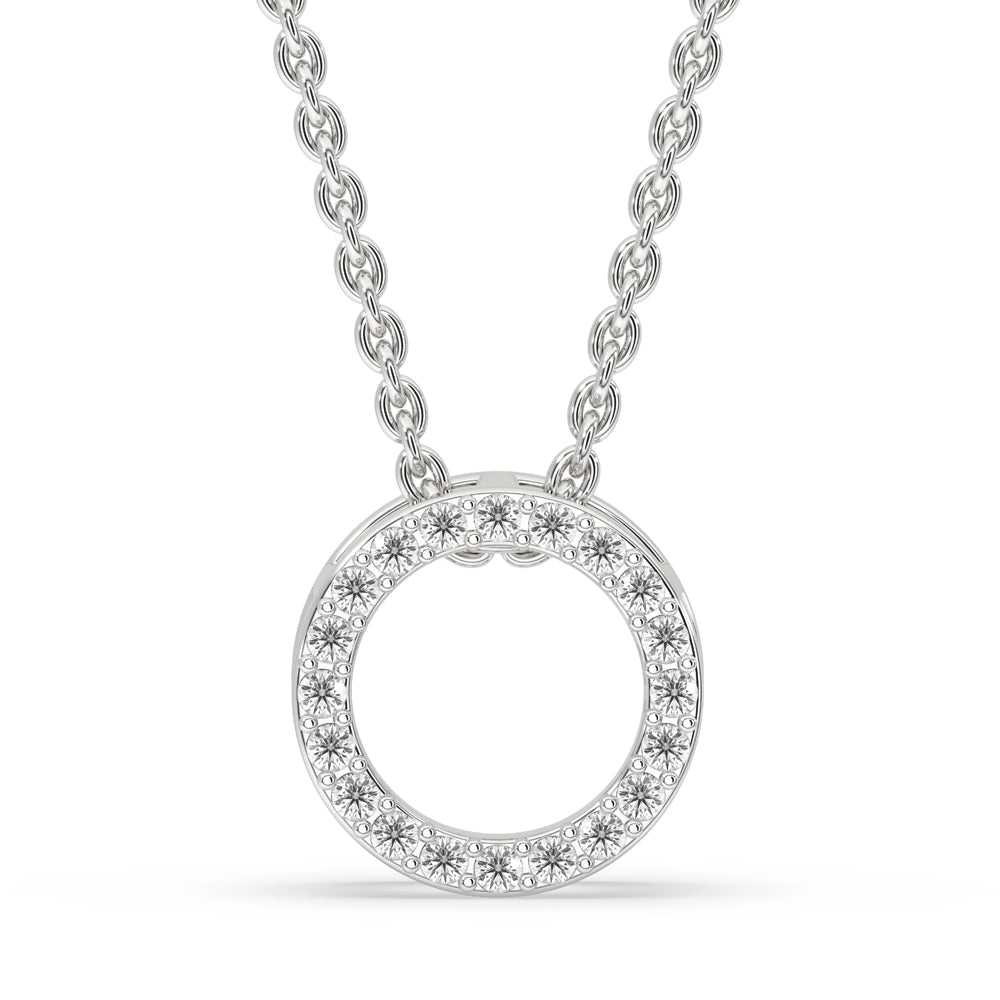 Round diamond pendant necklace set in elegant white gold.
