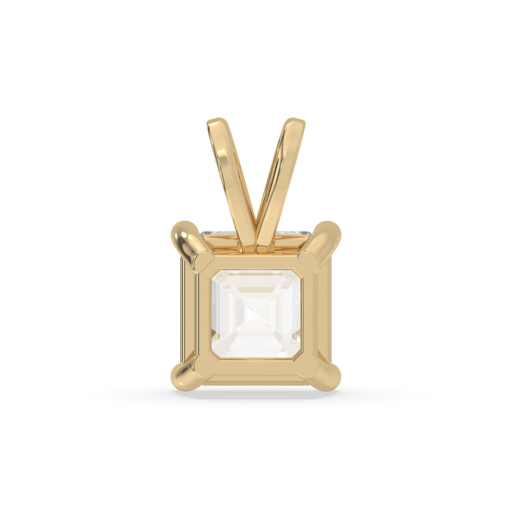 Asscher cut diamond pendant featuring bunny ear bail setting design.
