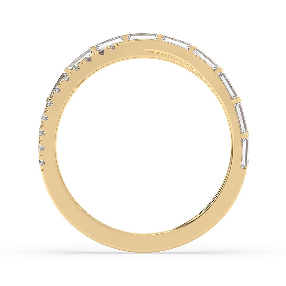 Yellow gold band available with criss cross diamond setting.
