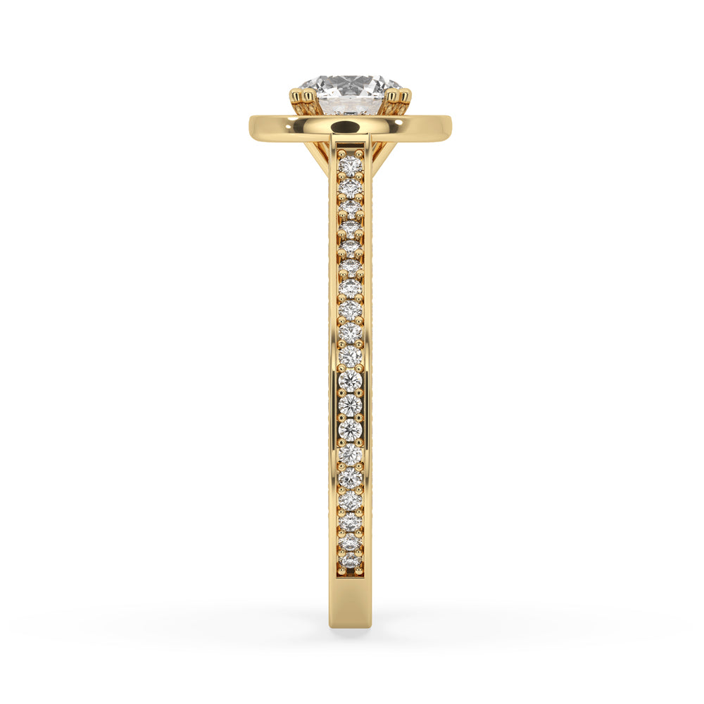 Pave halo engagement ring with diamond cathedral ring and bridge accent pave set for added elegance.
