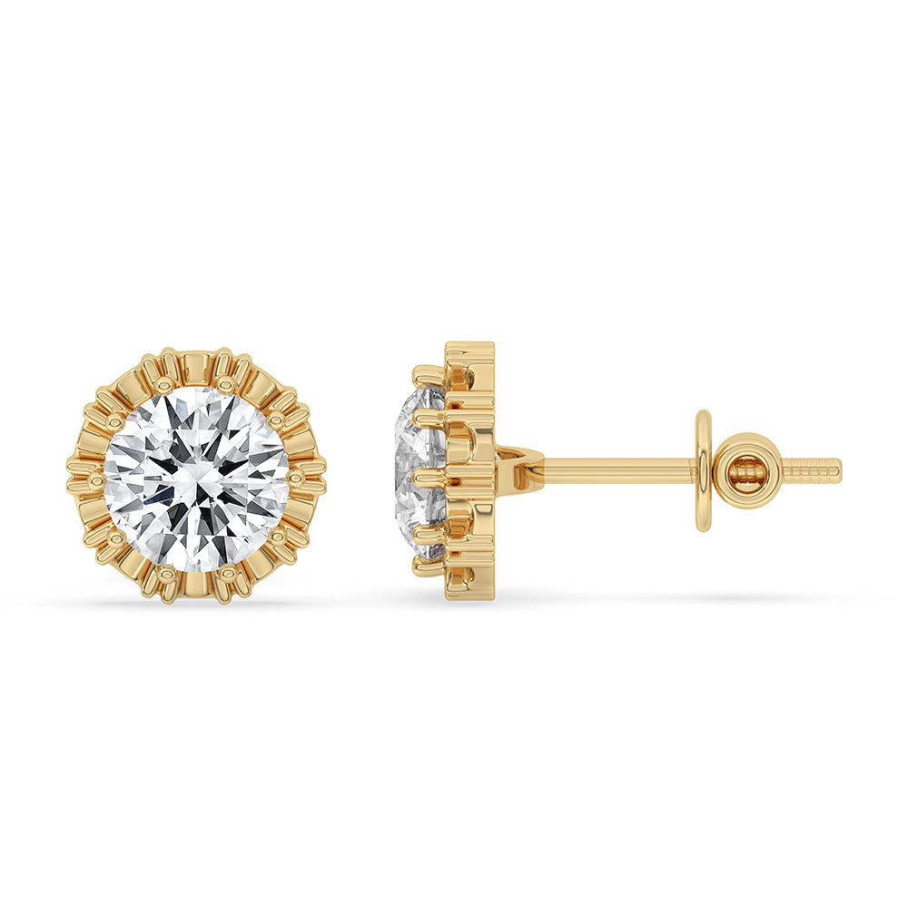 Yellow gold stud earrings featuring round diamonds.
