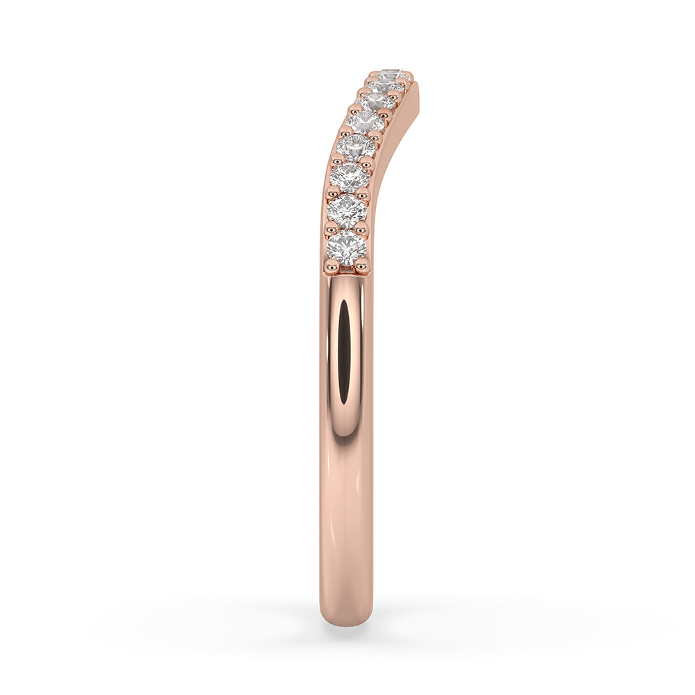 Round cut diamond band crafted as a shared prong wedding band with curved wedding band structure.
