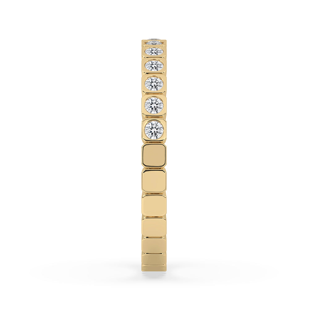 Round cut diamond band made in yellow gold for carat diamonds wedding band collection.
