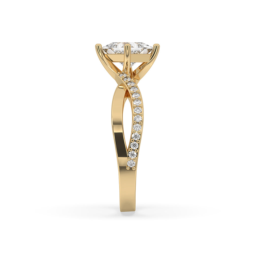 Round cut pave engagement ring with yellow gold band.
