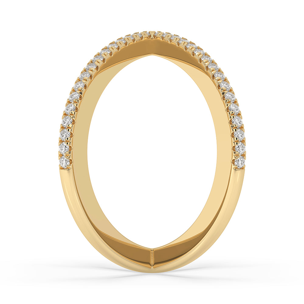 Round cut diamond band paired with x shaped wedding band in Lab Grown Diamond setting.
