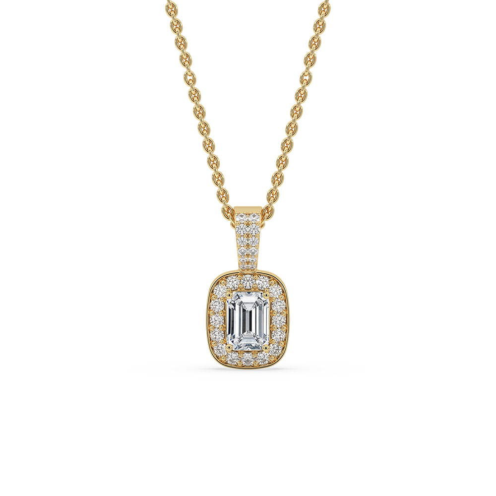 Carat Diamonds Pendant in a stunning emerald halo pendant design.