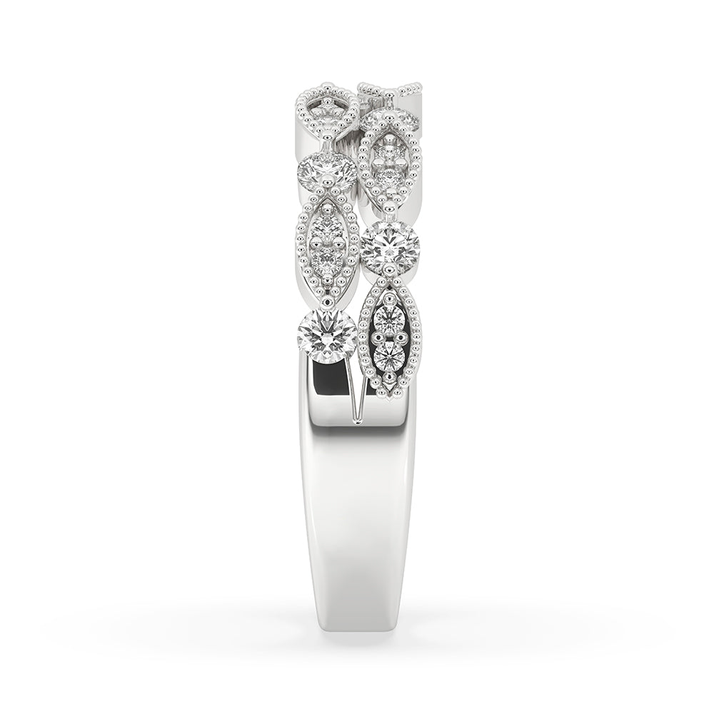 Round cut wedding band offered in a double row eternity style.
