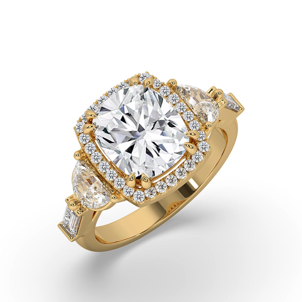 Half moon and baguette side stones on an engagement ring for added brilliance.
