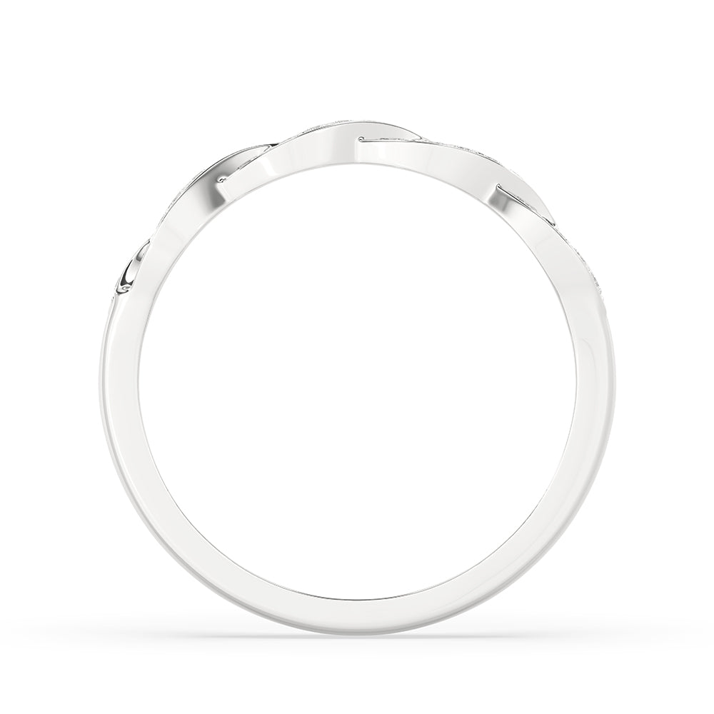 White gold wedding band designed with a sleek curve.
