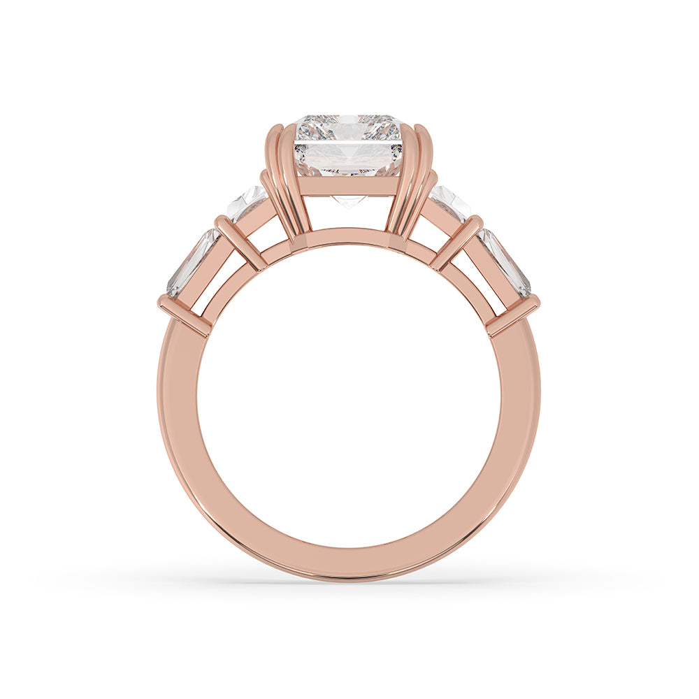 Double Claw Prong Engagement Ring with Radiant Cut Diamonds in Rose Gold.
