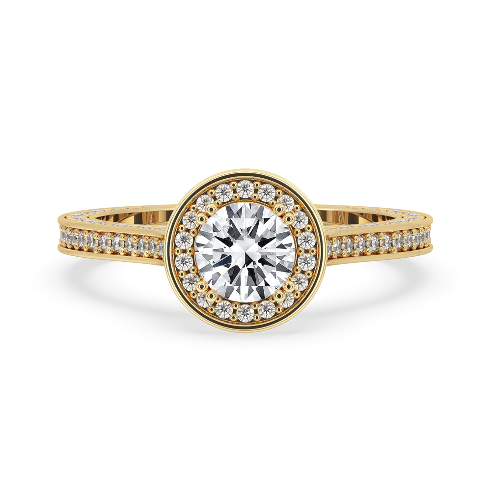 Halo diamond engagement ring with round brilliant cut and double prong diamond setting, IGI certified Lab Grown Diamond handmade jewelry.
