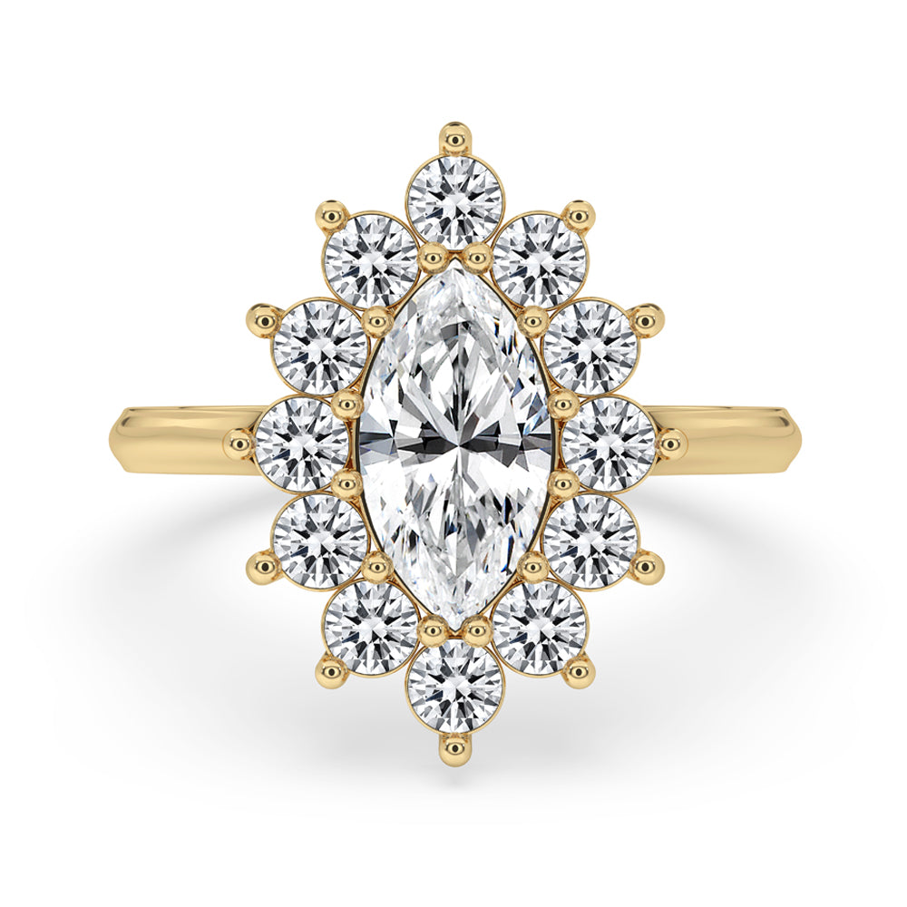 Cluster engagement ring with marquise cut diamond in a cathedral setting, crafted as an IGI certified handmade jewelry piece.