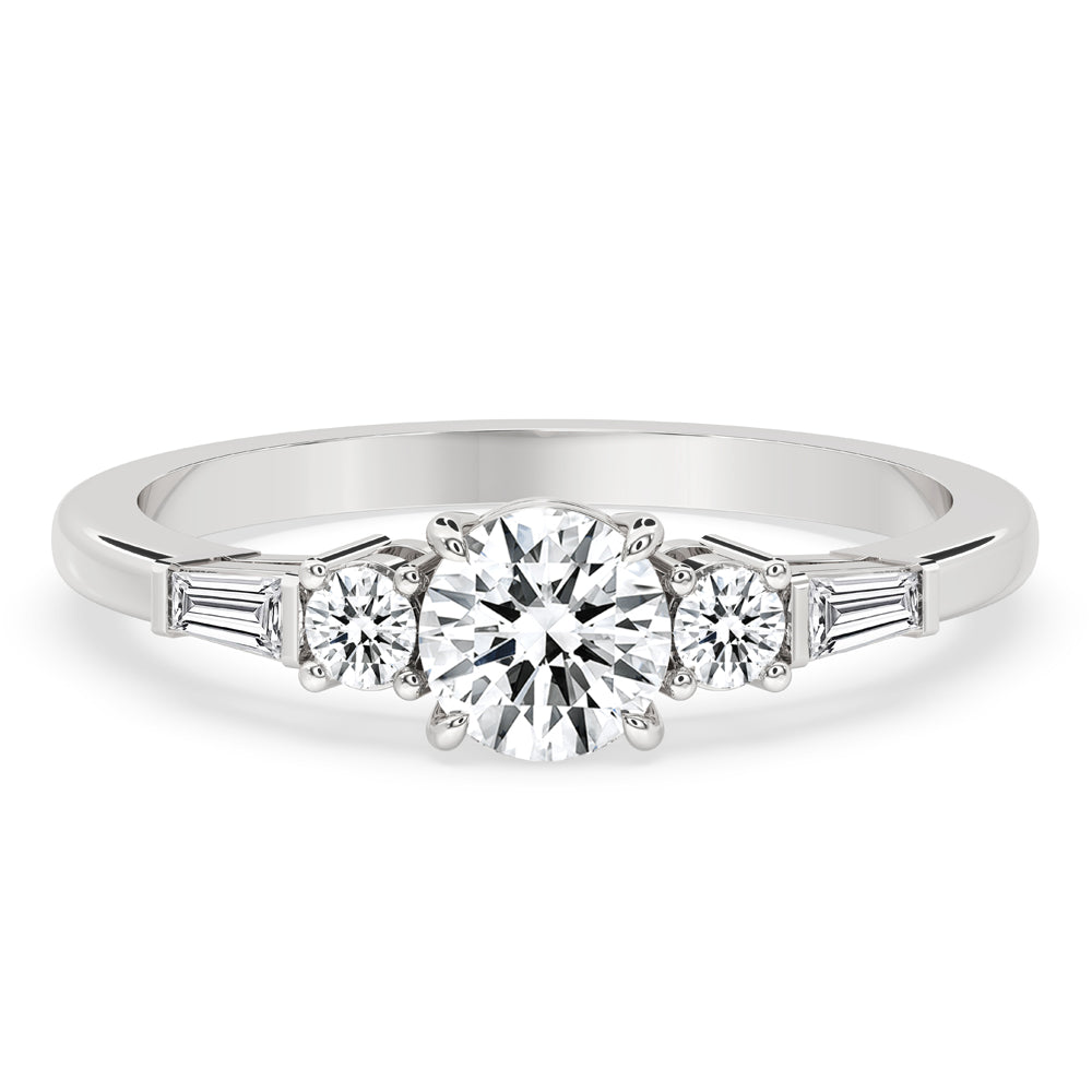 Five stone diamond ring with 2 carat round diamond, featuring a claw prong setting in a unique diamond engagement ring design.

