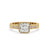 Radiant cut engagement ring with bezel setting design.