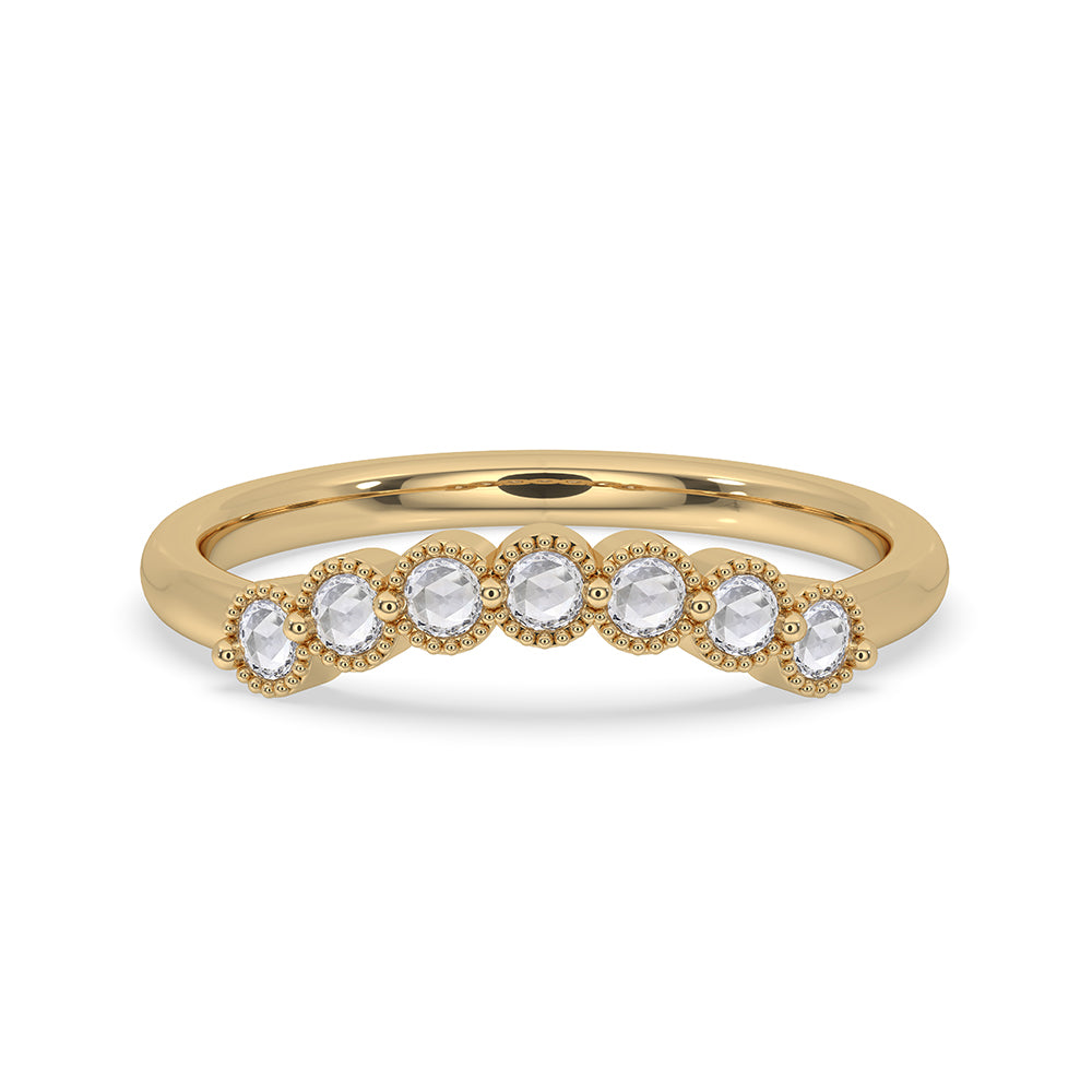 Curved Wedding Band made with round rose cut band and shared prong wedding band style.
