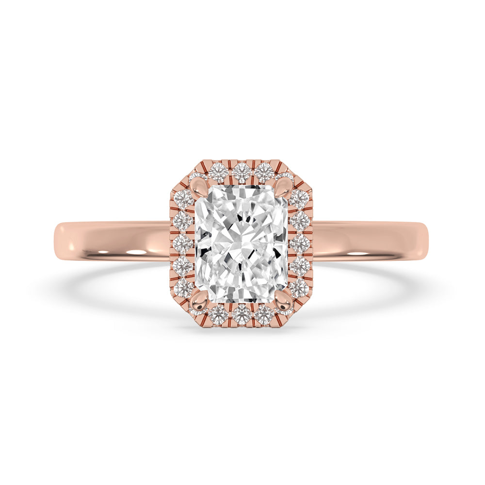 Radiant engagement ring with a sparkling halo design
