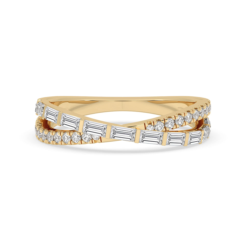 Criss Cross Wedding Band crafted with baguette and round cut diamonds.
