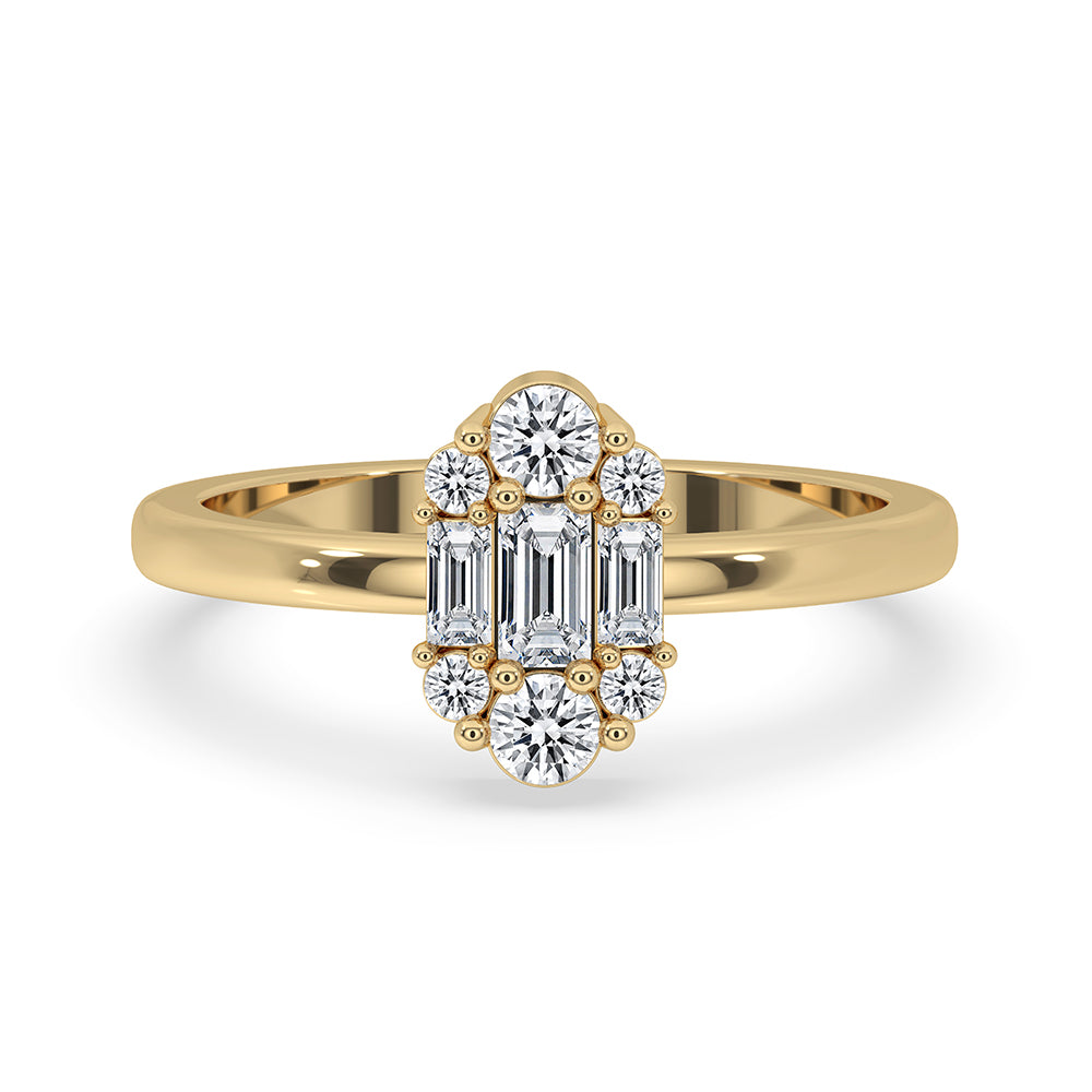 Cluster Halo Engagement Ring with baguette and round diamonds in a prong setting.
