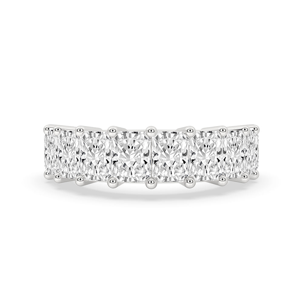Emerald Cut Eternity Band paired with half eternity band and prong set band.
