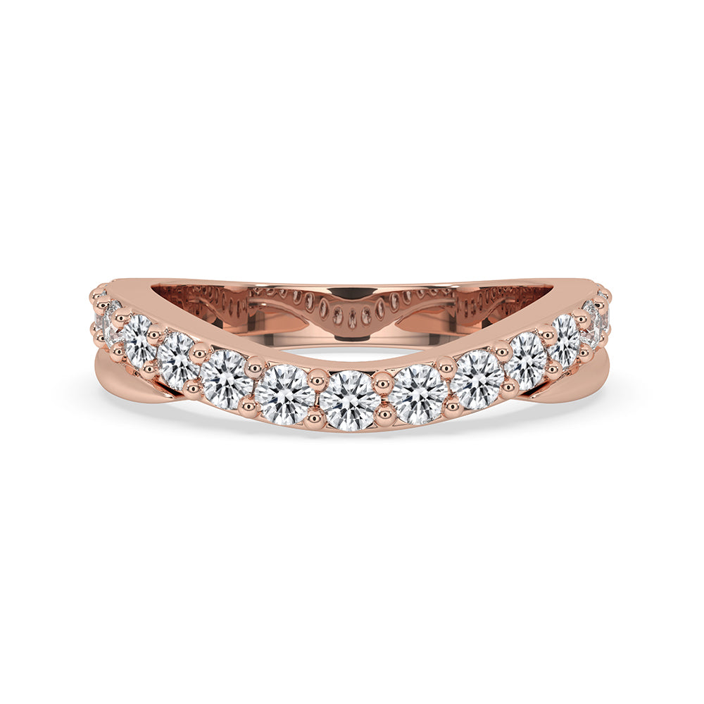 Curved wedding band in rose gold with round cut diamonds.
