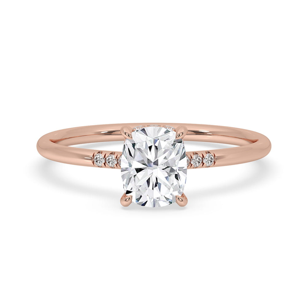 Elongated Cushion Cut Engagement Ring with hidden halo ring setting and IGI certified Lab Grown Diamond design.
