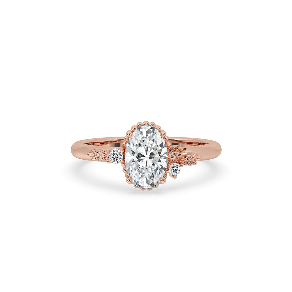 Oval cut diamond ring in a prong setting.