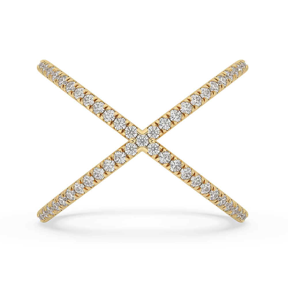 X shaped wedding band designed in yellow gold band with round cut diamond band detail.
