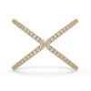 X shaped wedding band designed in yellow gold band with round cut diamond band detail.
