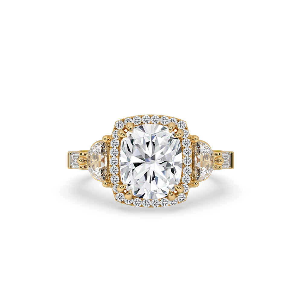 Cushion halo engagement ring with a sparkling center stone.
