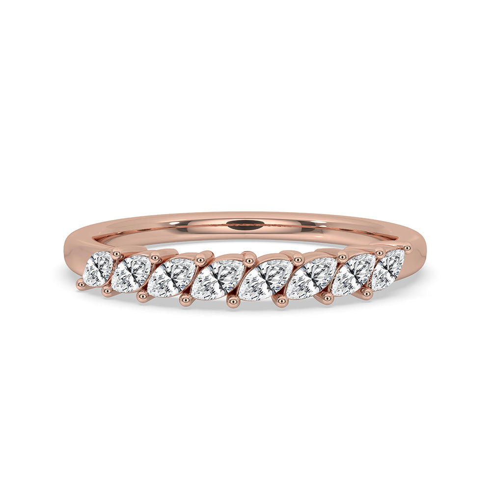 Marquise Cut Wedding Band styled in half eternity band with rose gold band finish.
