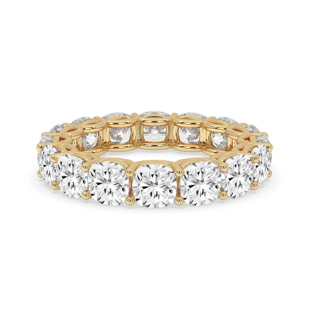 Cushion Cut Diamond Band with full eternity design in yellow gold.
