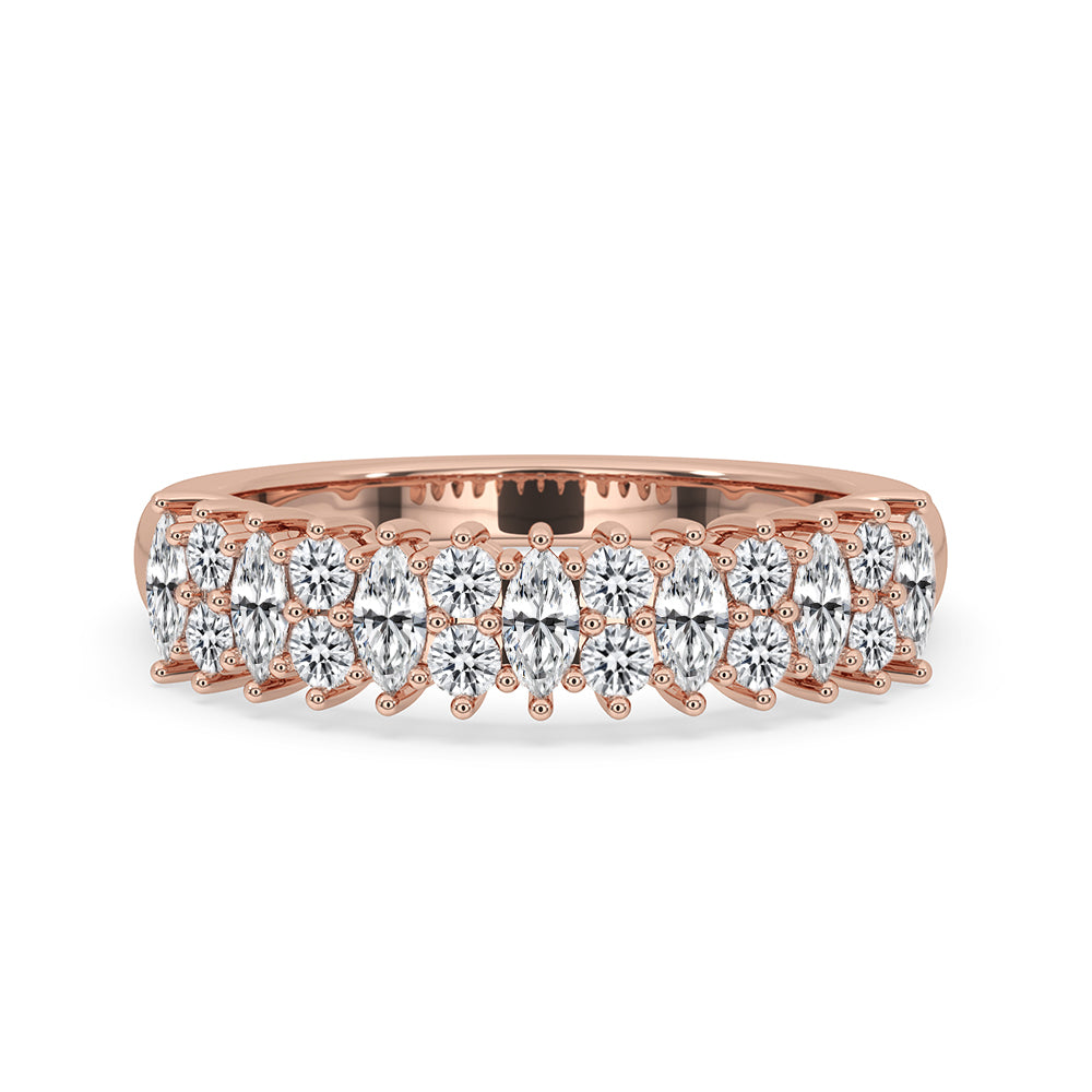 Shared Prong Wedding Band with marquise and round cut diamonds in rose gold.
