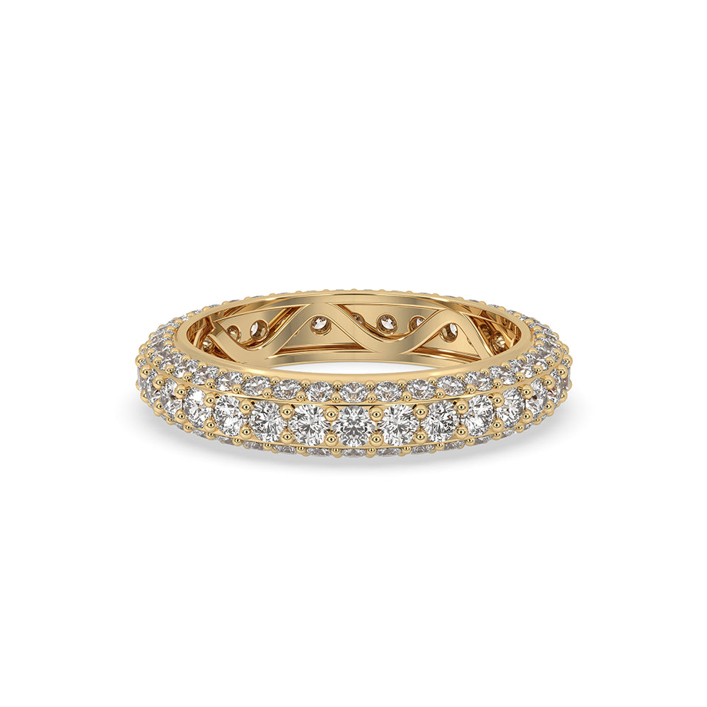 Three row diamond band featuring round cut diamonds.
