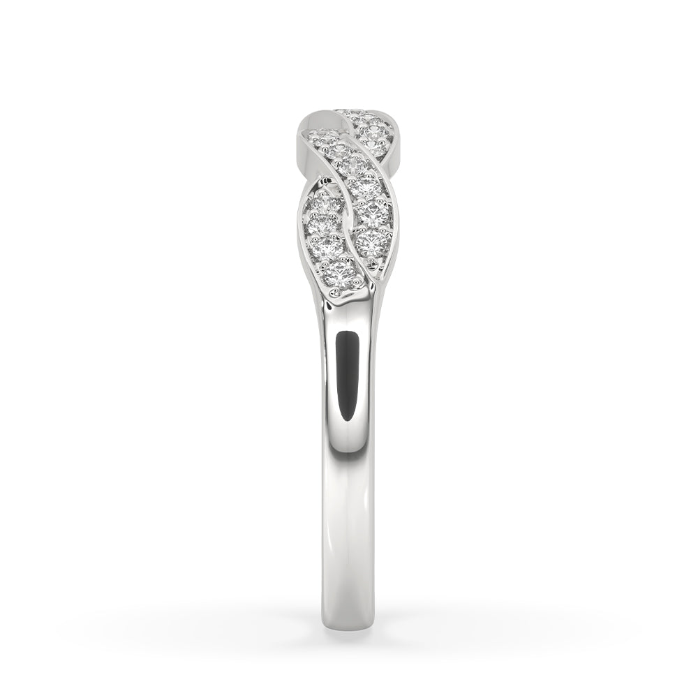 Round cut wedding band featuring lab grown diamonds.
