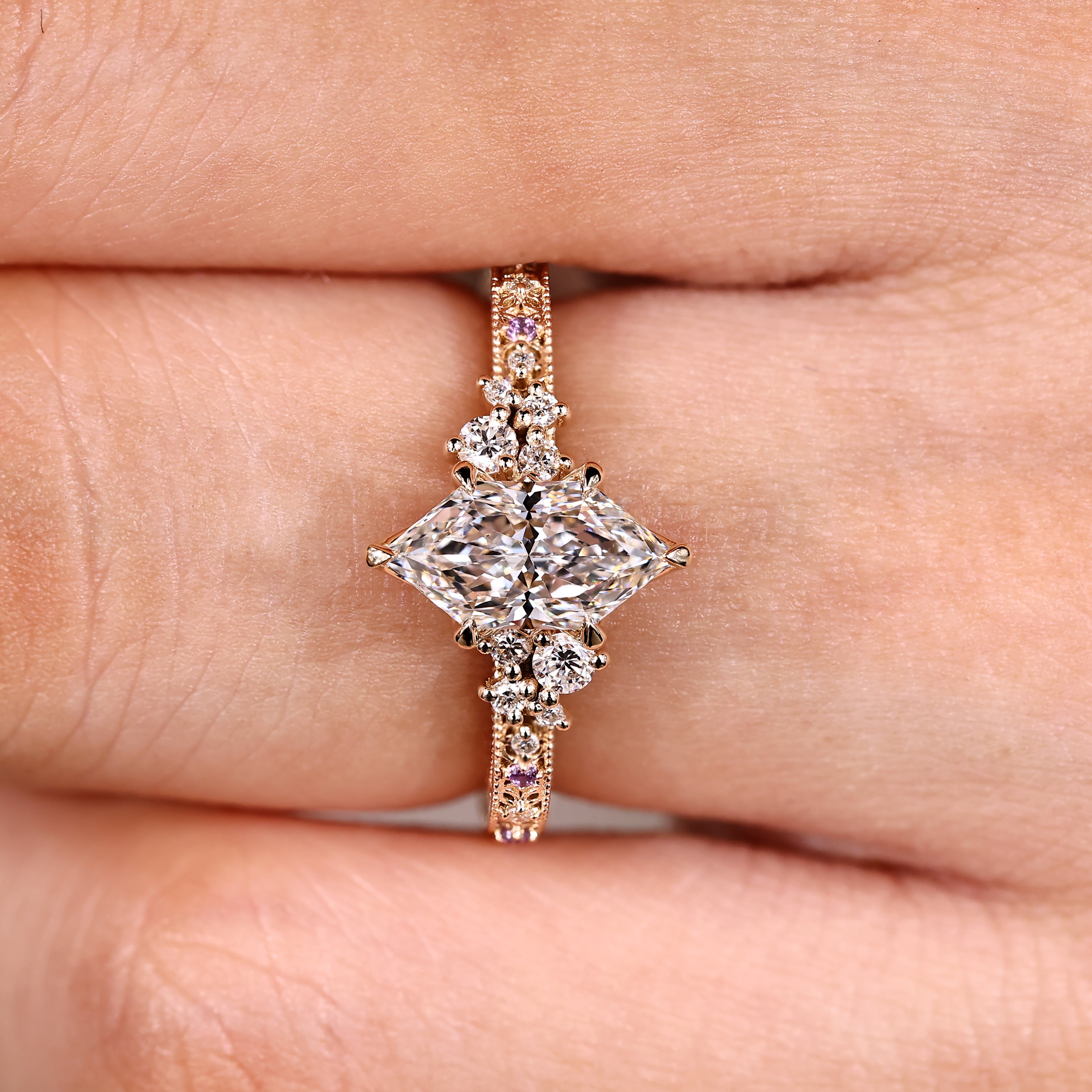 Vintage inspired dutch marquise engagement ring with milgrain details
