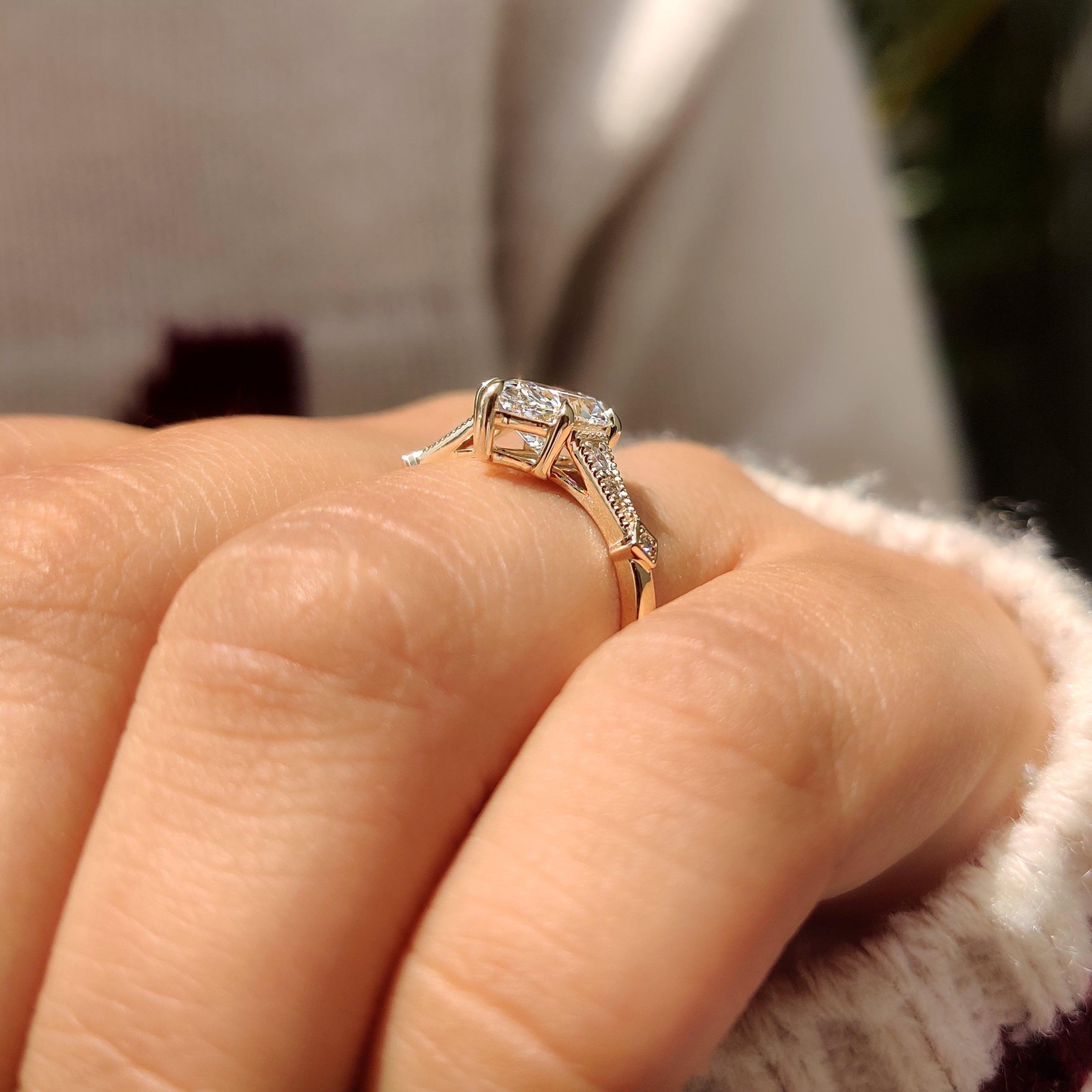 Lab grown marquise diamond ring with cathedral and prongs.
